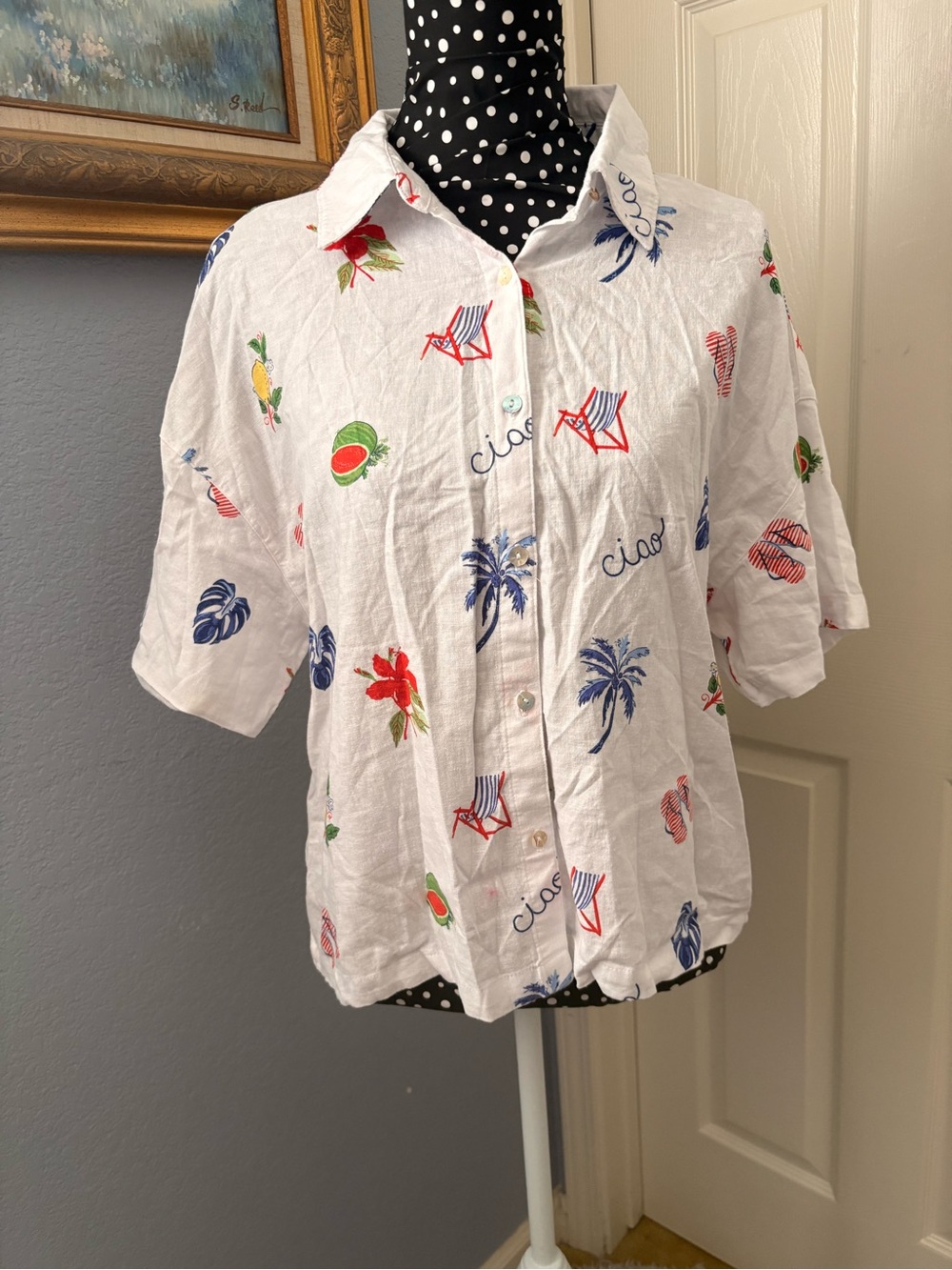 C&C California White Tropical-Print Button Shirt ✨Size Small